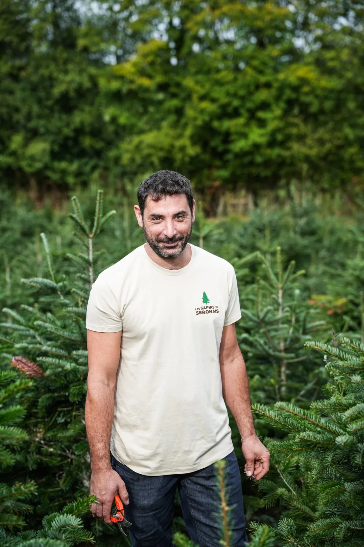 Fabien, sécateur à la main, dans la plantation de sapins